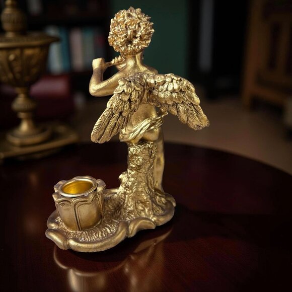 Vintage Gold Angel Candle Holders With Wings & Flute Design 6" X 4" Resin Taper - Picture 6 of 11